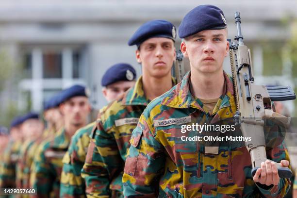 Prince Gabriel of Belgium receives his blue beret during the Blue Berets Parade at the Royal Military Academy on September 30, 2022 in Brussels,...