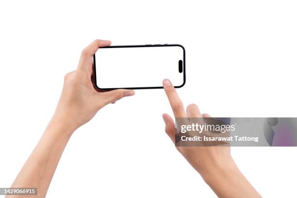 smartphone in female hands taking photo isolated on white blackground - digitalkamera bildschirm stock-fotos und bilder