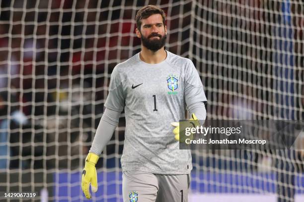 Alisson of Brazil reacts during the Friendly International match between Brasil and Tunisia at Parc des Princes on September 27, 2022 in Paris,...