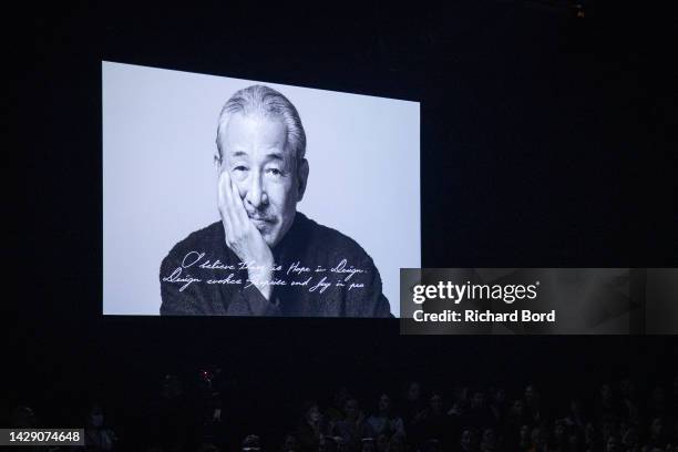 Tribute to Designer Issey Miyake is seen on big screens before the Issey Miyake Womenswear Spring/Summer 2023 show as part of Paris Fashion Week on...