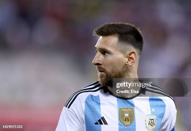 Lionel Messi of Argentina reacts in the second half against Jamaica at Red Bull Arena on September 27, 2022 in Harrison, New Jersey. Argentina...