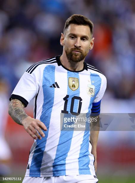 Lionel Messi of Argentina reacts in the second half against Jamaica at Red Bull Arena on September 27, 2022 in Harrison, New Jersey. Argentina...
