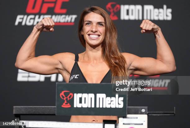 Mackenzie Dern poses on the scale during the UFC weigh-in at UFC APEX on September 30, 2022 in Las Vegas, Nevada.