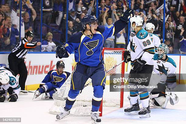 David Perron of the St. Louis Blues celebrates his goal against the San Jose Sharks during Game Two of the Western Conference Quarterfinals during...