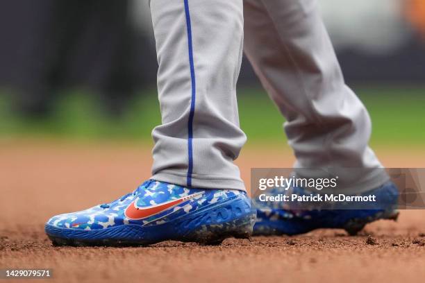 Detail view of the Nike baseball cleats worn by Pete Alonso of the New York Mets during a game against the Milwaukee Brewers at American Family Field...