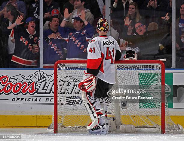 New York Rangers fans mock Craig Anderson of the Ottawa Senators following a goal by Brian Boyle in Game Two of the Eastern Conference Quarterfinals...