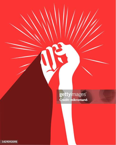 illustration of a fist risen up on a red background- revolution concept poster - free sign imagens e fotografias de stock