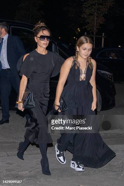 Victoria Beckham and daughter Harper Beckham are seen on September 30, 2022 in Paris, France.