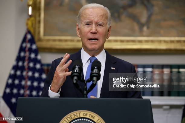 President Joe Biden delivers remarks on the federal government's response to Hurricane Ian in the Roosevelt Room at the White House on September 30,...