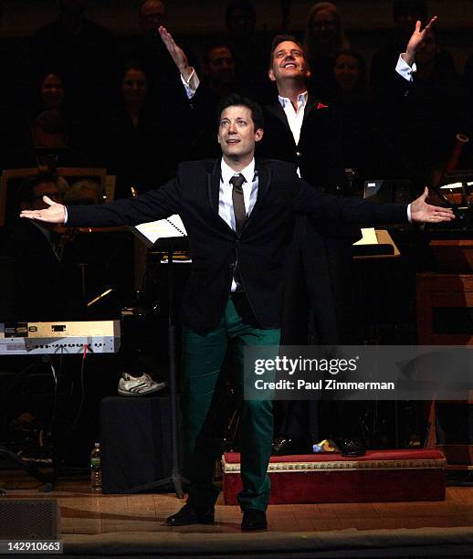 Host John Tartaglia and conductor Steven Reineke perform during The New York Pops Present "Jim Henson's Musical World" at Carnegie Hall on April 14,...