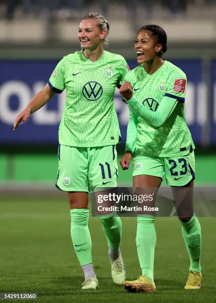 Jane Jonsdottir of VfL Wolfsburg celebrate with team mates Alexandra Popp after scoring the 5th goal during the FLYERALARM Women's Bundesliga match...