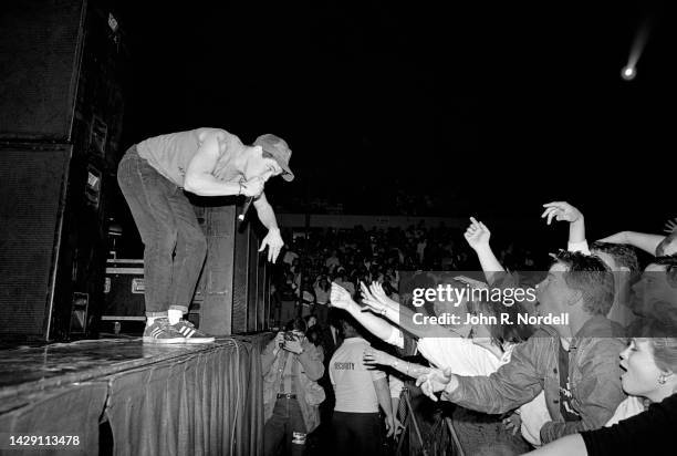 American rapper, guitarist and actor Adam "Ad-Rock" Horovitz, of the American rap rock group Beastie Boys, sings on stage during the 1987 Licensed to...