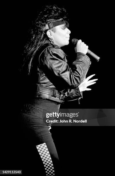 American singer and actress Lisa Lisa, of the urban contemporary band Lisa Lisa and Cult Jam, performs on stage during a concert on November 5, 1987...