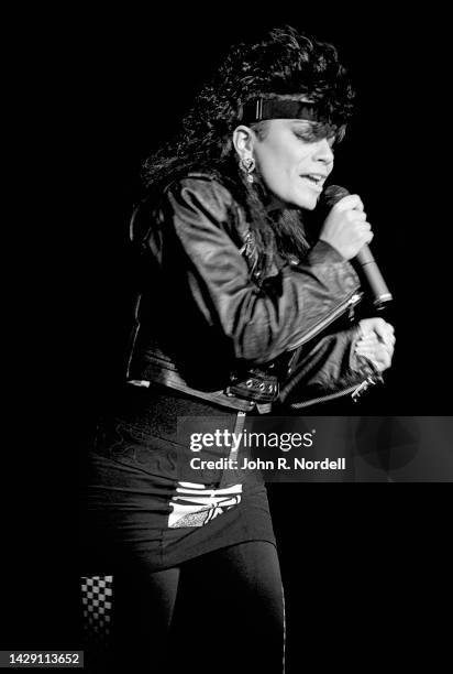 American singer and actress Lisa Lisa, of the urban contemporary band Lisa Lisa and Cult Jam, performs on stage during a concert on November 5, 1987...