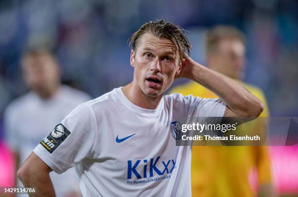 Marvin Pourie of Meppen reacts after the 3. Liga match between Erzgebirge Aue and SV Meppen at Erzgebirgsstadion on September 30, 2022 in Aue,...