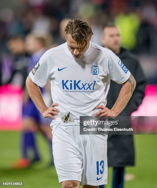 Marvin Pourie of Meppen reacts after the 3. Liga match between Erzgebirge Aue and SV Meppen at Erzgebirgsstadion on September 30, 2022 in Aue,...