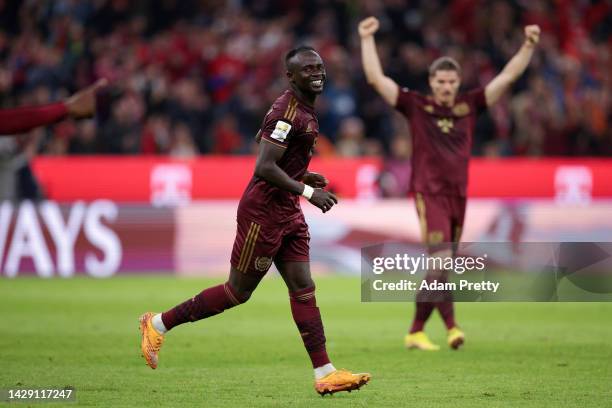 Sadio Mane of Bayern Munich celebrates scoring their side's third goal during the Bundesliga match between FC Bayern München and Bayer 04 Leverkusen...