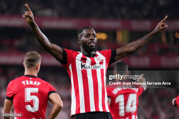 Inaki Williams of Athletic Club celebrates scoring their side's first goal during the LaLiga Santander match between Athletic Club and UD Almeria at...
