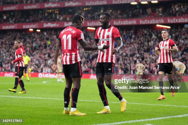 Inaki Williams of Athletic Club celebrates scoring their side's first goal with teammate Nico Williams during the LaLiga Santander match between...