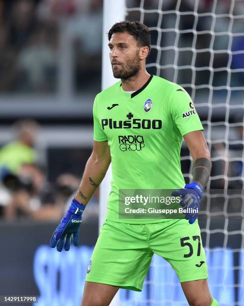 Marco Sportiello of Atalanta BC looks on during the Serie A match between AS Roma and Atalanta BC during the Serie A match between AS Roma and...