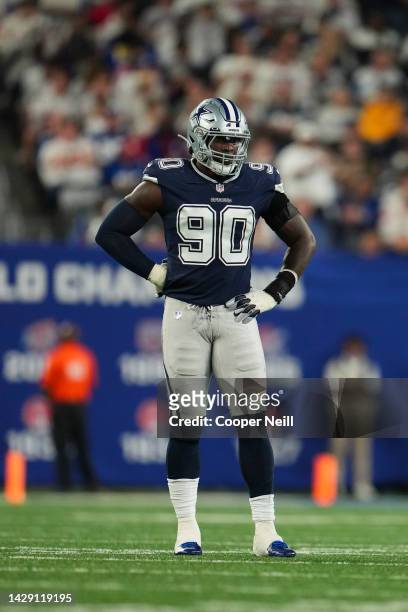 DeMarcus Lawrence of the Dallas Cowboys gets set against the New York Giants at MetLife Stadium on September 26, 2022 in East Rutherford, New Jersey.