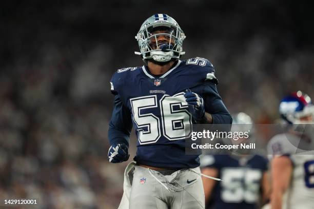 Dante Fowler Jr. #56 of the Dallas Cowboys defends against the New York Giants at MetLife Stadium on September 26, 2022 in East Rutherford, New...