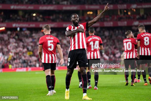 Inaki Williams of Athletic Club celebrates scoring their side's first goal during the LaLiga Santander match between Athletic Club and UD Almeria at...