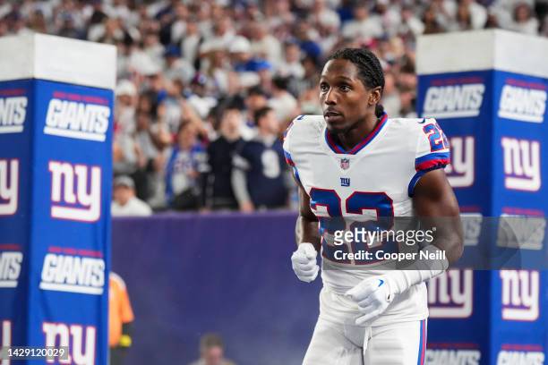 Adoree' Jackson of the New York Giants runs out during introductions against the Dallas Cowboys at MetLife Stadium on September 26, 2022 in East...