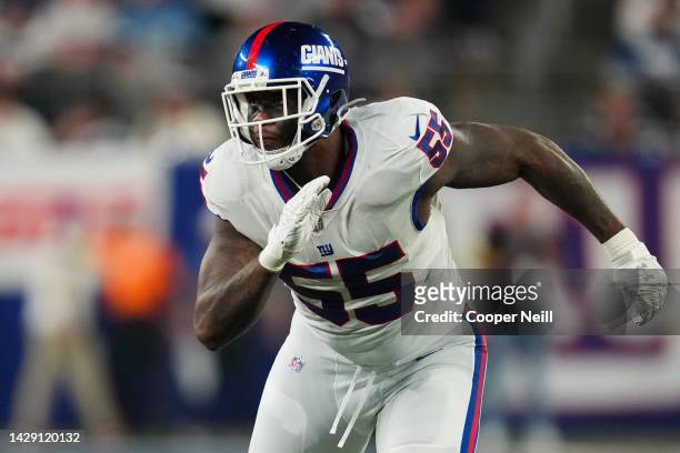 Jihad Ward of the New York Giants defends against the Dallas Cowboys at MetLife Stadium on September 26, 2022 in East Rutherford, New Jersey.