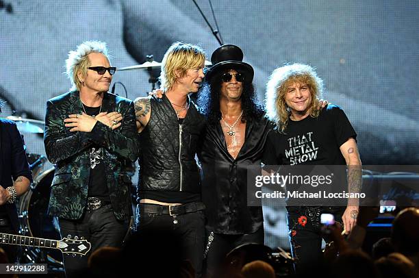 Inductees Matt Sorum, Duff McKagan, Slash and Steven Adler of Guns N' Roses, perform onstage during the 27th Annual Rock And Roll Hall of Fame...