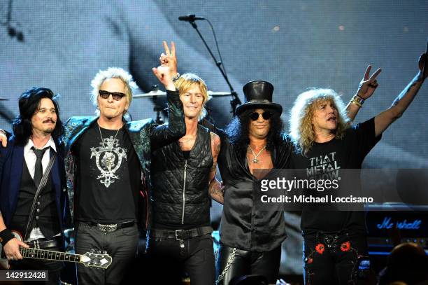 Inductees Gilbert Clarke, Matt Sorum, Duff McKagan, Slash and Steven Adler of Guns N' Roses, perform onstage during the 27th Annual Rock And Roll...