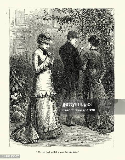 young victorian man and women walking in a rose garden, 1870s, 19th century - man in rose garden stock illustrations