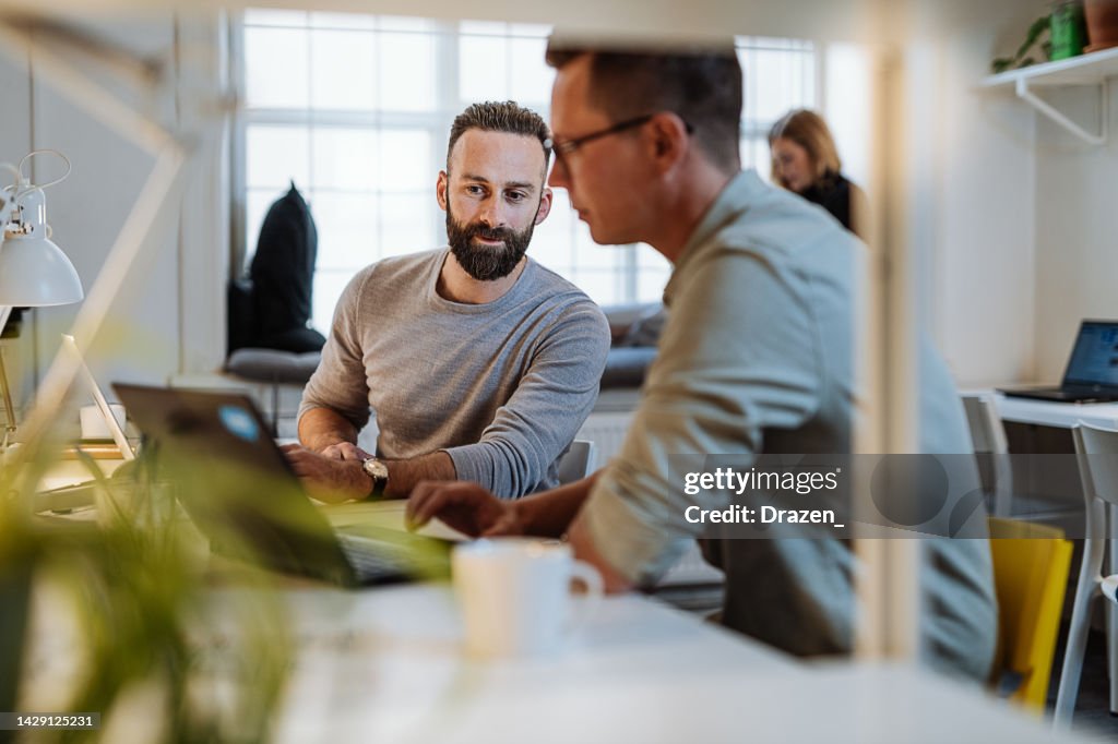 Programmierer, die zusammenarbeiten und sich gegenseitig beim Programmieren unterstützen. Reife Unternehmer, die im Büro auf Laptops arbeiten
