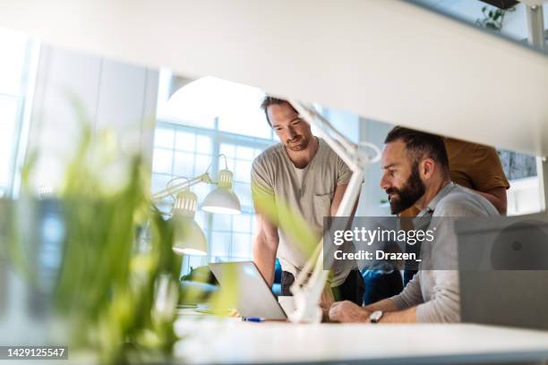 softwareentwickler diskutieren das projekt. geschäftsleute im büro, die sich mit einem start-up-projekt befassen - skandinavischer abstammung stock-fotos und bilder