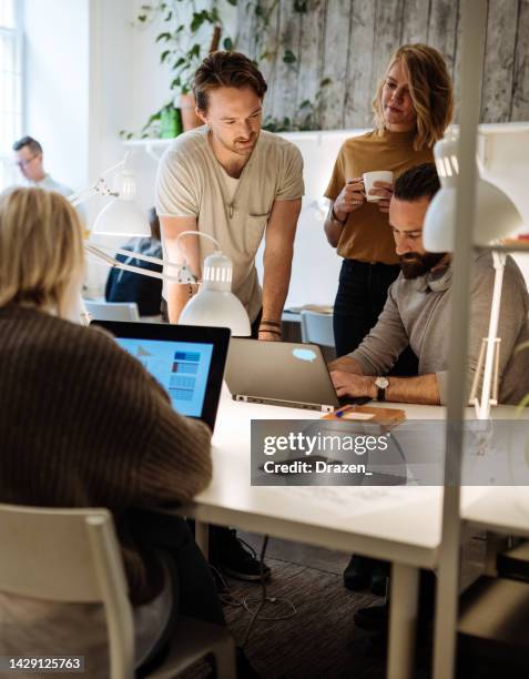 software developers discussing the project. business people in office dealing with start-up project - scandinavian descent stock pictures, royalty-free photos & images