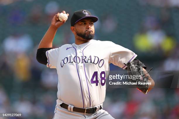 German Marquez of the Colorado Rockies delivers a pitch against the Chicago Cubs at Wrigley Field on September 16, 2022 in Chicago, Illinois.