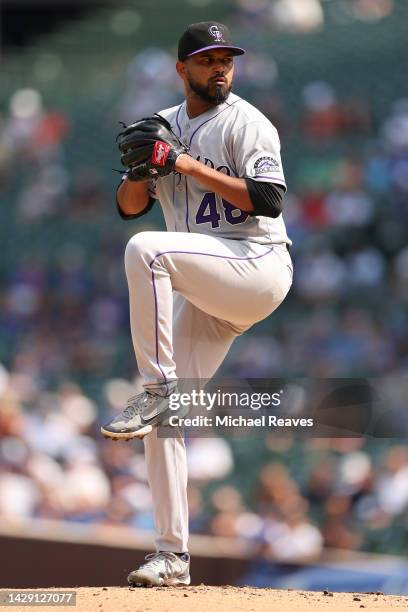 German Marquez of the Colorado Rockies delivers a pitch against the Chicago Cubs at Wrigley Field on September 16, 2022 in Chicago, Illinois.