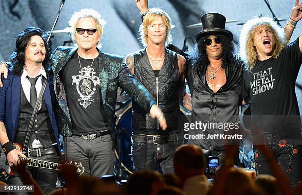 Gilbert Clarke, Matt Sorum, Duff McKagan, Slash and Steven Adler of Guns N' Roses perform on stage at the 27th Annual Rock And Roll Hall Of Fame...