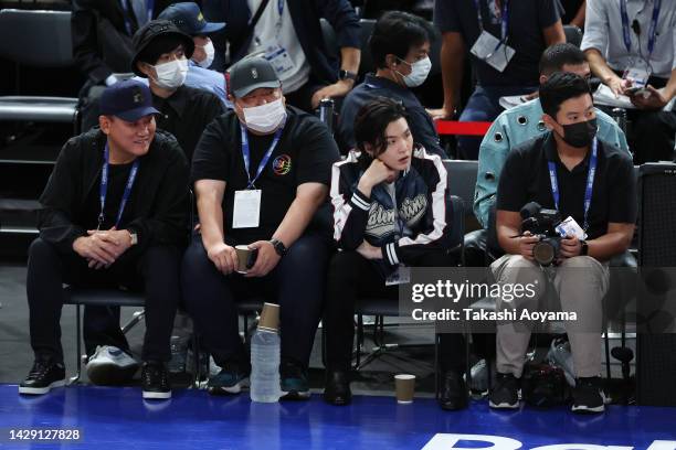 Member, Suga and CEO of Rakuten Group Inc., Hiroshi Mikitani attend the Golden State Warriors v Washington Wizards - NBA Japan Games at the Saitama...