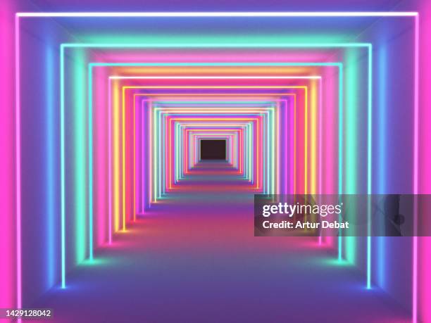 render of colorful neon tunnel in digital scenario with beautiful vanishing point. - zoom background stock-fotos und bilder