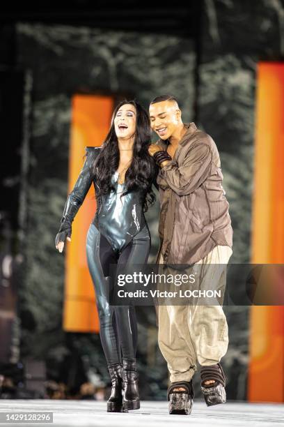 Singer Cher and fashion designer Olivier Rousteing walk the runway during the Balmain Ready to Wear Spring/Summer 2023 fashion show as part of the...