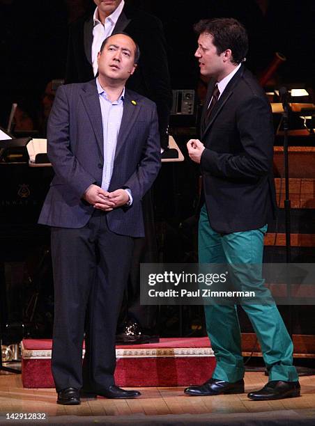 Alan Muraoka and host John Tartaglia perform at The New York Pops Present "Jim Henson's Musical World" at Carnegie Hall on April 14, 2012 in New York...