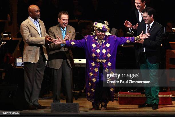 Roscoe Orman, Bob McGrath, Doctor Loretta Long and host John Tartaglia perform at The New York Pops Present "Jim Henson's Musical World" at Carnegie...