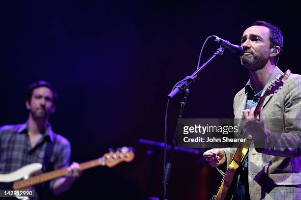 Musicians Yuuki Matthews and James Mercer of The Shins perform during Day 2 of the 2012 Coachella Valley Music & Arts Festival held at the Empire...