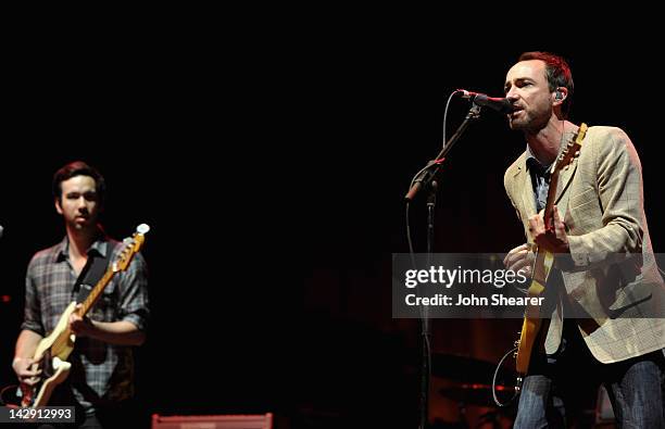 Musicians Yuuki Matthews and James Mercer of The Shins perform during Day 2 of the 2012 Coachella Valley Music & Arts Festival held at the Empire...