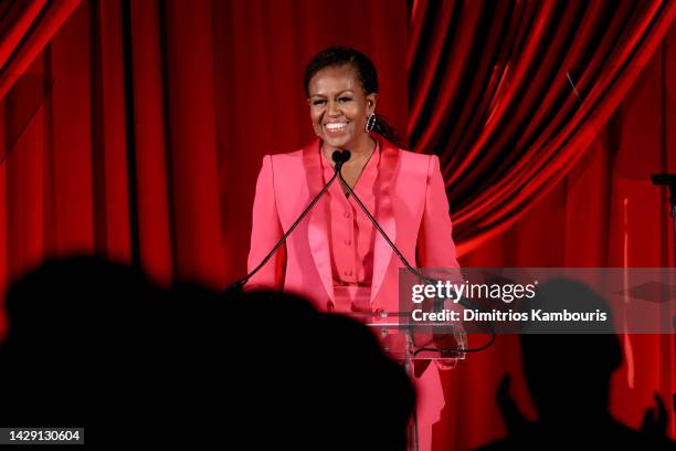 Former First Lady Michelle Obama speaks onstage at the Clooney Foundation For Justice Inaugural Albie Awards at New York Public Library on September...