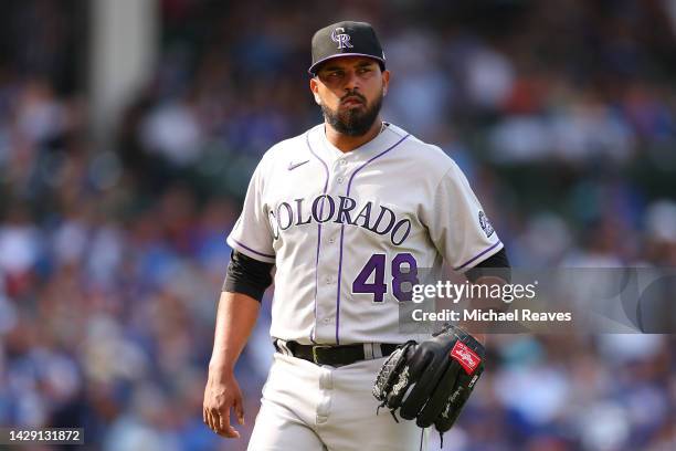 German Marquez of the Colorado Rockies reacts against the Chicago Cubs at Wrigley Field on September 16, 2022 in Chicago, Illinois.