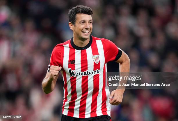 Mikel Vesga of Athletic Club celebrates scoring their side's fourth goal from a penalty during the LaLiga Santander match between Athletic Club and...