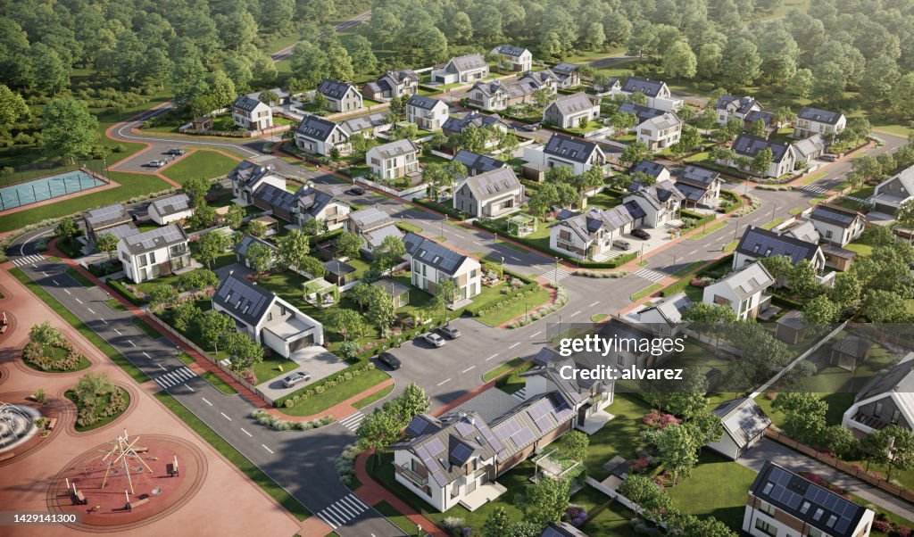 Aerial view of houses with solar panels energy and green spaces in town in 3D renders