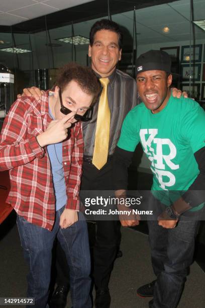Lou Ferrigno invades "The Whoolywood Shuffle" with hosts DJ Whoo Kid and Sam Roberts at the SiriusXM Studio on April 9, 2012 in New York City.
